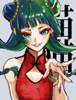 Rule 34 | bare shoulders, blue eyes, china dress, chinese clothes, cleavage cutout, clothing cutout, commentary, davoxime, double bun, dress, earrings, english commentary, freckles, green hair, hair bun, highres, jewelry, kusuriya no hitorigoto, long hair, looking at viewer, maomao (kusuriya no hitorigoto), nail polish, parted lips, red dress, red nails, twintails
