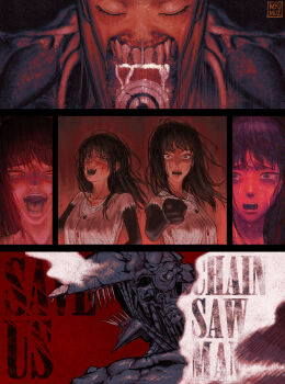 1boy 2girls absurdres artist_name black_hair chainsaw_devil chainsaw_man character_name commentary cross_scar english_commentary facial_scar highres laughing long_hair mitaka_asa multiple_girls myumui scar scar_on_cheek scar_on_face sharp_teeth statue_of_liberty sweat teeth yoru_(chainsaw_man)
