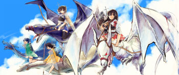 >_< akagi_(kancolle) arrow_(projectile) black_hair black_thighhighs blue_hair blue_hakama blue_sky bow_(weapon) closed_eyes cloud commentary_request day dragon fukuroumori gloves green_kimono hakama hakama_skirt hiryuu_(kancolle) holding holding_bow_(weapon) holding_weapon japanese_clothes kaga_(kancolle) kantai_collection kimono long_hair long_sleeves multiple_girls muneate open_mouth orange_kimono outdoors partially_fingerless_gloves partly_fingerless_gloves quiver red_hakama riding_dragon rigging side_ponytail single_glove skirt sky souryuu_(kancolle) thighhighs tongue weapon white_kimono white_thighhighs wide_sleeves yugake