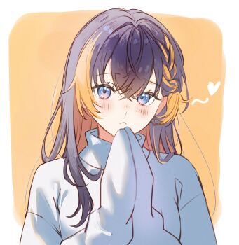 Rule 34 | 1girl, :<, absurdres, black hair, blonde hair, blue eyes, braid, commentary, english commentary, heart, highres, ive (iveith), long hair, looking at viewer, multicolored hair, nijisanji, nijisanji en, official alternate hair length, official alternate hairstyle, own hands together, palms together, petra gurin, sleeves past fingers, sleeves past wrists, solo, streaked hair, sweater, turtleneck, two-tone background, two-tone hair, virtual youtuber, white sweater