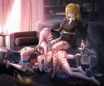 3girls absurdres all_fours bdsm black_hair blindfold blonde_hair blue_eyes blush body_writing bondage bookshelf bound breasts chinese_commentary clothed_female_nude_female collar couch crying curtains dildo egg_vibrator enema female_focus folded_ponytail fujiwara_chika full_body gag hayasaka_ai headpat high_heels highres humiliation indoors kaguya-sama_wa_kokurasetai_~tensai-tachi_no_renai_zunousen~ licking licking_foot long_hair looking_at_another medium_breasts multiple_girls no_shoes nude object_insertion pet pink_hair rape sex_machine sex_toy shinomiya_kaguya shoes side_ponytail sitting sunlight sweat tally tears thighhighs vaginal vaginal_object_insertion vibrator ying_yi yuri