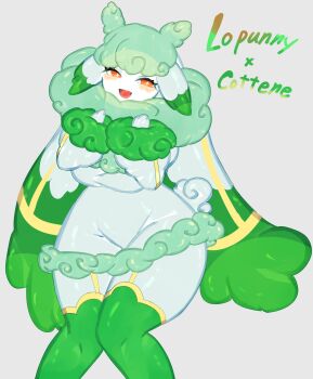 blush breasts cottonee fluffy fur_collar furry furry_female gen_4_pokemon gen_5_pokemon green_fur green_hair highres large_breasts looking_at_viewer lopunny nintendo orange_eyes pokemon pokemon_(creature) rabbit_ears rabbit_girl rabbit_tail smile star-shaped_pupils star_(symbol) symbol-shaped_pupils thick_thighs thighhighs thighs togetoge white_fur wide_hips