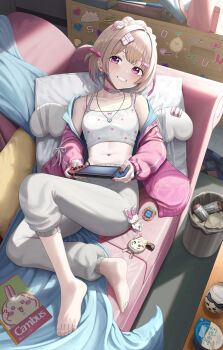 backpack bag barefoot book bow brown_hair choker commission copyright_request couch crop_top cup_ramen day full_body glass hair_bow hair_ornament hairpin handheld_game_console heart heart_necklace highres holding holding_handheld_game_console jacket jewelry looking_at_viewer lying messy_room mole mole_under_eye mole_under_mouth monster_energy multiple_hairpins navel necklace nintendo_switch off-shoulder_jacket off_shoulder on_couch pants pink_eyes pink_jacket silvertsuki smile sweatpants trash_can virtual_youtuber