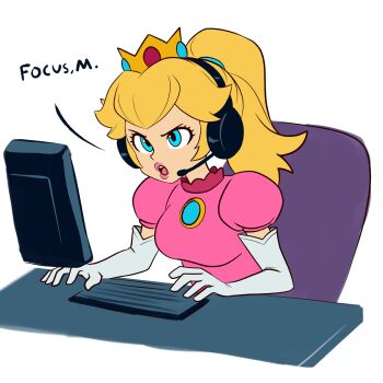 1girl 2025 absurdres alternate_hairstyle blonde_hair blue_eyes blue_gemstone breasts brooch collarbone commentary computer computer_keyboard crown dress elbow_gloves english_commentary english_text gem gloves headphones highres jewelry juliet_sleeves long_hair long_sleeves looking_ahead mario_(series) medium_breasts meme nintendo open_mouth pink_dress pink_lips ponytail princess_peach puffy_sleeves serious simple_background sitting smgold solo_focus teeth upper_teeth_only white_background white_gloves