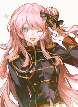 Rule 34 | 1girl, bang dream!, bang dream! it's mygo!!!!!, black jacket, black ribbon, chihaya anon, commentary, earrings, fang, grey eyes, hair ribbon, highres, hikawayunn, jacket, jewelry, long hair, long sleeves, looking at viewer, one eye closed, open mouth, pink hair, ribbon, simple background, solo, white background