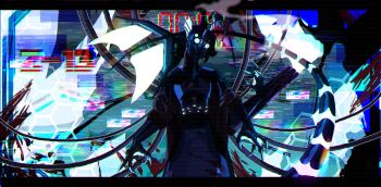 1other androgynous anglerfish_boy black_hair clock cofavo1 creature digital_clock distortion empty_eyes extra_eyes fingernails furry furry_male glitch glowing head_tilt hexagon highres letterboxed long_fingernails looking_at_viewer no_mouth pressure_(roblox) scales sebastian_solace short_hair smoke solo tail tunic vest