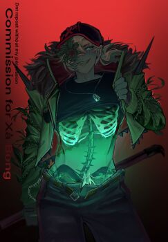1boy ;d aslniko belt black_hat black_shirt block_tales blue_eyes brambles chest_tattoo clenched_hand clothes_lift contrapposto fingerless_gloves fur_collar gloves glowing griefer_(block_tales) grin hat highres jacket male_focus one_eye_closed one_eye_covered open_belt open_clothes open_jacket open_mouth plant ponytail razor_blade_necklace red_gloves red_trim scar scar_across_eye scar_on_face sharp_teeth shirt shirt_lift skeleton skeleton_print smile solo spikes stomach_tattoo tattoo teeth venus_flytrap white_hair x_(symbol)
