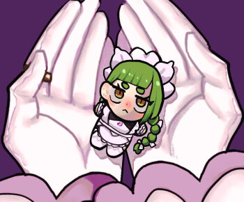 :&lt; apron blush braid braided_ponytail chibi gloves gold_ring green_hair holding jacinthe_(pokemon) lebanne_(pokemon) long_braid maid maid_apron maid_headdress nintendo pokemon pokemon_legends:_z-a pov pov_hands set147g2 white_gloves yellow_eyes