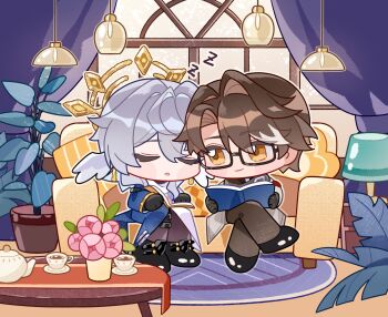 2boys :o artist_request black-framed_eyewear black_gloves black_shoes blue_coat book brown_hair brown_pants chibi closed_eyes closed_mouth coat commission couch crossed_legs cup curtains cushion earrings eyes_visible_through_hair flower full_body glasses gloves grey_coat grey_hair hair_between_eyes hair_intakes hair_over_shoulder halo halo_behind_head hanging_light head_wings highres holding holding_book honkai:_star_rail honkai_(series) indoors jewelry lamp long_sleeves looking_at_another male_focus multicolored_coat multicolored_hair multiple_boys open_mouth orange_eyes outline pants pink_flower plant potted_plant rug second-party_source shoes short_hair sidelocks sitting sleeping smile streaked_hair sunday_(honkai:_star_rail) table teacup teapot two-tone_coat u_u vase welt_yang white_coat white_outline white_streaks window wings zzz