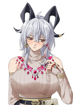 1girl ahoge bare_shoulders black_eyes black_horns black_nails breasts clothing_cutout commentary curled_horns dress earrings grey_hair hair_between_eyes hand_up hashtag-only_commentary highres horns jewelry large_breasts long_hair multicolored_hair nail_polish official_alternate_costume psym_2cha red_pupils shoulder_cutout simple_background solo streaked_hair sweater sweater_dress turtleneck turtleneck_dress upper_body white_background wuthering_waves zani_(downtown_repose)_(wuthering_waves) zani_(wuthering_waves)