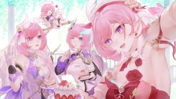 4girls ;) angel_wings armpits bare_shoulders beret birthday_cake black_shrug blue_eyes cake cake_slice chinese_commentary commentary_request corset diamond-shaped_pupils diamond_(shape) dress earrings elf elf_elysia elysia_(herrscher_of_human:_ego)_(honkai_impact) elysia_(hi_love_elf)_(honkai_impact) elysia_(honkai_impact) elysia_(miss_pink_elf)_(honkai_impact) food gloves hair_ornament halo hat heart heart_earrings highres holding holding_plate holding_spoon honkai_(series) honkai_impact_3rd jewelry long_hair moxingyu661 multiple_girls multiple_persona one_eye_closed pink_hair plate pointy_ears purple_eyes red_dress shrug_(clothing) smile spoon staff_riding symbol-shaped_pupils triquetra veil very_long_hair white_corset white_gloves white_veil wings