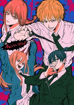 2boys 2girls black_hair black_jacket black_necktie black_pants blonde_hair blood blood_splatter blue_coat braid breasts chainsaw_man closed_mouth coat collared_shirt cross-shaped_pupils demon_girl denji_(chainsaw_man) earrings fox_shadow_puppet hair_between_eyes hayakawa_aki highres horns jacket jewelry light_smile long_hair makima_(chainsaw_man) medium_breasts misejyuk multiple_boys multiple_girls necktie open_mouth pants parted_lips ponytail power_(chainsaw_man) red_hair red_horns ringed_eyes sharp_teeth shirt short_hair short_ponytail sidelocks simple_background single_braid sleeves_rolled_up smile stud_earrings suit_jacket symbol-shaped_pupils teeth upper_body white_shirt