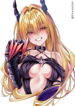 1girl absurdres bare_shoulders blonde_hair breasts cleavage clip_studio_paint_(medium) commentary_request cropped_torso grin hair_between_eyes hair_intakes highres horns konjiki_no_yami long_hair looking_at_viewer medium_breasts red_eyes revealing_clothes simple_background smile solo to_love-ru to_love-ru_darkness upper_body very_long_hair wanzi_(99wanzi99) white_background