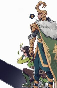 Rule 34 | 1boy, 1girl, alien, antennae, black eyes, black hair, boots, cape, cat shadow puppet (meme), dotori 012, fake horns, fur trim, gold gloves, gold helmet, green boots, green cape, guardians of the galaxy, helmet, highres, horned helmet, horns, korean commentary, loki (marvel), mantis (marvel), marvel, marvel rivals, meme, notice lines, on one knee, profile, shadow, shadow puppet, smile, speech bubble, spoken emoji, thor (marvel) (series), white background