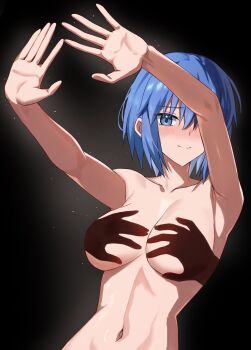 arms_up blue_eyes blue_hair blush breasts ciel_(tsukihime) closed_mouth commentary_request glowing hand_shadow_covering_breasts_(meme) highres large_breasts looking_at_viewer meme nose_blush outer_glow sidelocks smile topless_female tsukihime tsukihime_(remake) weilaizuigao703