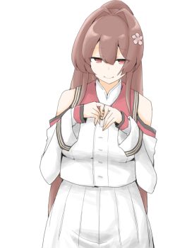 Rule 34 | 1girl, akara kai, brown hair, commentary request, highres, kantai collection, looking at viewer, off shoulder, red eyes, skirt, smile, solo, white background, white skirt, yamato (kancolle)