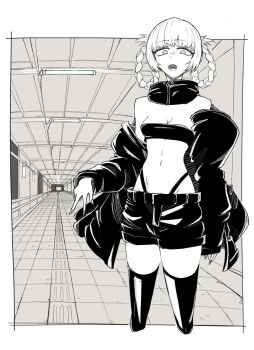 1girl bandeau bare_shoulders black_nails black_shorts blunt_bangs braid braided_hair_rings crop_top hair_rings highleg highleg_panties highres jacket kouzuka46 nanakusa_nazuna_(yofukashi_no_uta) panties panty_straps ringed_eyes shorts thighhighs turtleneck underwear vampire vanishing_point yofukashi_no_uta