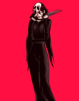 1girl absurdres black_choker black_robe blood blood_on_face blood_on_mask bloody_knife chainsaw_man choker cosplay ghostface ghostface_(cosplay) highres holding holding_knife knife pink_background purple_hair reze_(chainsaw_man) robe scream_(movie) simple_background skinny_argonian solo tongue tongue_out