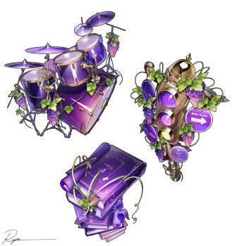 arrow_(symbol) book book_stack commentary cymbals drum drum_set english_text food fruit grapes highres instrument no_humans original plant road_sign ryota_(ry_o_ta) sign signature simple_background symbol-only_commentary traffic_light vines white_background