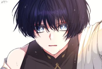 1boy anger_vein black_bodysuit black_hair blue_eyes blunt_ends bodysuit bright_pupils choppy_bangs commentary covered_collarbone dlgodls0731 eyeliner eyeshadow genshin_impact highres japanese_clothes kimono looking_at_viewer makeup male_focus mandarin_collar open_mouth portrait pov red_eyeliner red_eyeshadow scaramouche_(genshin_impact) single_bare_shoulder single_off_shoulder solo symbol-only_commentary tsurime wanderer_(genshin_impact) wet white_background white_kimono white_pupils white_sleeves