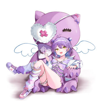 1girl absurdres black_ribbon blush breasts candy chemise crossed_legs detached_wings double_bun food frilled_eyepatch hair_bun hair_ornament harness highres holding holding_candy holding_food holding_lollipop jacket kuwakuma lollipop long_sleeves looking_at_viewer loose_socks multicolored_hair o-ring o-ring_harness oversized_object purple_hair purple_shirt ribbon shinomiya_runa shirt shoes simple_background sitting small_breasts sneakers socks solo stuffed_toy swirl_lollipop thighs too_many_hair_ornaments virtual_youtuber vspo! white_background white_chemise white_jacket wings x_hair_ornament yellow_eyes