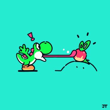 ! applin black_eyes boots brown_boots commentary crossover english_commentary from_side gen_8_pokemon green_background highres james_turner long_tongue looking_at_another mario_(series) nintendo no_humans notice_lines open_mouth pokemon pokemon_(creature) simple_background smile super_mario_world surprised tongue tongue_out yoshi