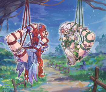 2girls absurdres aqua_eyes arms_behind_back ball_gag bare_shoulders bdsm blue_sleeves bondage bound bound_ankles bound_arms bound_legs bound_thighs bound_toes bound_torso breast_bondage detached_sleeves dress egg_vibrator flower gag gag_harness gagged genshin_impact gradient_hair gradient_sleeves green_eyes green_hair green_sleeves hair_flower hair_ornament highres hogtie jewelry leaf_hair_ornament long_hair multicolored_hair multiple_girls nahida_(genshin_impact) nero_augustus nilou_(breeze_of_sabaa)_(genshin_impact) nilou_(genshin_impact) official_alternate_costume padisarah_flower panties pointy_ears pussy_juice red_hair red_rope restrained reverse_prayer rope sex_toy shibari shibari_over_clothes side_ponytail sleeveless sleeveless_dress stirrup_footwear suspension thighlet twintails underwear very_long_hair vibrator vibrator_under_clothes vibrator_under_panties white_dress white_hair wiffle_gag