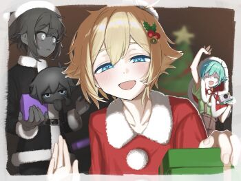 3boys alternate_costume antenna_hair arm_up basil_(faraway)_(omori) basil_(headspace)_(omori) basil_(omori) black_hair black_skin blonde_hair blue_eyes blush brown_shorts camera ccn_ncc3 chibi collarbone colored_skin commentary_request double-parted_bangs dual_persona green_hair green_shirt hair_between_eyes hat highres holding holding_camera long_sleeves looking_at_another looking_at_viewer male_focus mistletoe mistletoe_hair_ornament multiple_boys omori open_mouth parted_lips red_hat santa_costume santa_hat shirt short_hair short_sleeves shorts sidelocks smile stranger_(omori) suspender_shorts suspenders sweatdrop t-shirt tongue tongue_out white_eyes white_skin