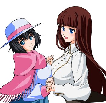 2girls absurdres bad_tag belt blue_eyes bow breasts brown_hair brown_skirt collared_shirt eibon hat high-waist_skirt highres impossible_clothes large_breasts long_hair long_sleeves mother_and_daughter multiple_girls pink_bow red_scarf sash scarf science_adventure shiina_kagari shiina_mayuri shirt skirt steins;gate steins;gate_0 tareme waist_bow waist_sash white_shirt winter_clothes yellow_trim