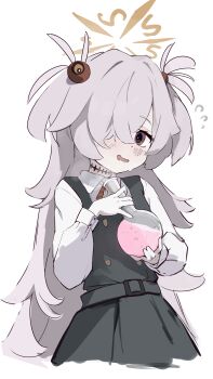 1girl absurdres belt black_dress blue_archive blush brown_eyes brown_halo brown_ribbon buttons collared_shirt commentary double-breasted dress flask flying_sweatdrops grey_hair hair_ornament hair_over_one_eye halo highres holding holding_flask kanoe_(blue_archive) long_hair long_sleeves looking_at_viewer mi_kan_(1101515378) neck_ribbon one_eye_covered open_mouth pinafore_dress potion ribbon round-bottom_flask scar scar_on_neck shirt simple_background sleeveless sleeveless_dress smile solo striped_ribbon sweatdrop two_side_up very_long_hair white_background white_shirt