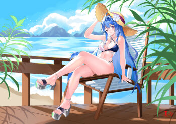 1girl ;) absurdres adjusting_clothes adjusting_headwear azur_lane beach bikini blue_hair blue_nails blush breasts cleavage commentary_request crossed_legs day feet flower full_body hair_between_eyes hand_up hat hat_flower helena_(azur_lane) helena_(shimmering_triangle_wave)_(azur_lane) high_heels highres knee_up legs long_hair looking_at_viewer medium_breasts multicolored_bikini nail_polish navel ocean official_alternate_costume one_eye_closed outdoors purple_eyes sandals sitting smile solo strappy_heels sun_hat swimsuit tckd thighs toenail_polish toenails toes two-tone_bikini very_long_hair white_flower