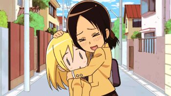 &gt;_&lt; 0_0 2girls :d affectionate animated animated_gif blonde_hair brown_hair caressing_hair holding_another&#039;s_hair holding_person hug krista_lenz multiple_girls open_mouth school_uniform shingeki_no_kyojin shingeki_no_kyojin_junior_high smile xd ymir_(shingeki_no_kyojin) yuri