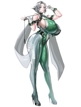 1girl arm_up breasts commentary cosplay covered_erect_nipples english_commentary eve_(stellar_blade) eve_(stellar_blade)_(cosplay) fingerless_gloves full_body gloves hand_up high_heels highres huge_breasts mature_female mole mole_on_breast original short_hair sideboob solo standing stellar_blade v white_background z_enatsu