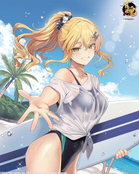 1girl absurdres beach black_one-piece_swimsuit black_scrunchie blonde_hair blush breasts cloud cloudy_sky commentary_request copyright_logo copyright_name cowboy_shot dutch_angle english_text green_eyes grin hidis0086 highres holding holding_surfboard logo looking_at_viewer mahjong mahjong_soul mahjong_tile mahjong_tile_hair_ornament ocean one-piece_swimsuit palm_tree ponytail reaching reaching_towards_viewer scrunchie second-party_source shiraishi_nana shirt short_hair sidelocks sky smile solo sparkle standing surfboard swimsuit swimsuit_under_clothes t-shirt tied_shirt tree water white_shirt