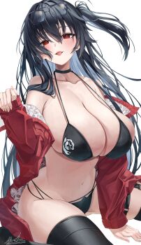 Rule 34 | 1girl, absurdres, arm support, artist name, azur lane, bare shoulders, bikini, black bikini, black hair, blush, breasts, cleavage, collarbone, colored inner hair, commentary, eyewear on head, hair between eyes, hand up, highres, huge breasts, jacket, long hair, looking at viewer, marbo (saico556), multicolored hair, navel, off shoulder, official alternate costume, one side up, red eyes, red jacket, simple background, sitting, solo, stomach, string bikini, swimsuit, taihou (azur lane), taihou (enraptured companion) (azur lane), thigh strap, tongue, tongue out, two-sided fabric, two-sided jacket, very long hair, white background