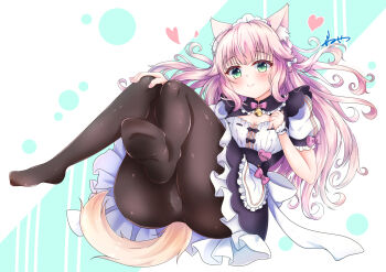 1girl animal_ear_fluff animal_ears apron bell black_dress black_pantyhose blush bow bowtie breasts buttons cat_ears cat_girl cat_tail character_name cleavage cleavage_cutout clothing_cutout commentary_request dress floating_hair food_print fraise_(nekopara) frilled_apron frilled_dress frills fruit_print full_body fusse gold_bell green_eyes hair_bow hand_on_own_knee hands_up heart heart_button highres jingle_bell knees_together_feet_apart long_hair maid maid_apron maid_headdress nail_polish name_tag neck_bell nekopara no_shoes panties panties_under_pantyhose pantyhose pink_bow pink_bowtie pink_hair pink_nails print_panties puffy_short_sleeves puffy_sleeves short_sleeves sidelocks signature simple_background sitting sleeve_bow slit_pupils small_breasts soles solo strawberry_panties strawberry_print tail thighs underwear very_long_hair waist_apron waitress wavy_hair white_apron white_background white_bow white_panties white_wrist_cuffs wrist_cuffs