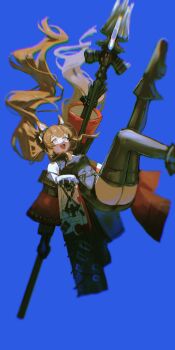 1girl :d absurdres angelina_(arknights) animal_ear_fluff animal_ears arknights arknights:_endfield artist_name bare_shoulders black_thighhighs blue_background bracelet breasts brown_hair chinese_commentary chromatic_aberration coat commentary_request dress floating_clothes floating_hair fold-over_boots foot_out_of_frame fox_ears fox_girl gilberta_(arknights) glint grey_dress headpiece highres holding holding_staff impossible_clothes impossible_dress infection_monitor_(arknights) jewelry long_hair long_sleeves medium_breasts off_shoulder open_mouth outstretched_arm red_coat sakiyo short_dress simple_background smile solo staff thighhighs thighs twintails wide_sleeves yellow_eyes zettai_ryouiki