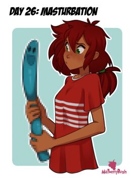 1girl :/ artist_name bare_arms blue_background border censored commentary cropped_torso dark-skinned_female dark_skin dildo english_commentary english_text freckles from_side green_eyes hair_between_eyes highres holding holding_sex_toy kinktober long_dildo long_hair low_ponytail malberrybush malyna_(malberrybush) mosaic_censoring original outline outside_border ponytail red_hair red_shirt sex_toy shirt short_sleeves simple_background solo t-shirt white_border white_outline