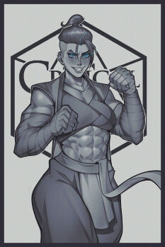 absurdres arm_wrap asymmetrical_hair beauregard_lionett blue_eyes clenched_hands commentary critical_role dungeons_&amp;_dragons dungeons_&amp;_dragons earrings english_commentary glowing glowing_eyes highres jewelry looking_at_viewer loose_pants milka01477 monk muscular muscular_female necklace partially_colored ponytail sarashi sidecut smile stud_earrings teeth the_mighty_nein topknot undercut vest