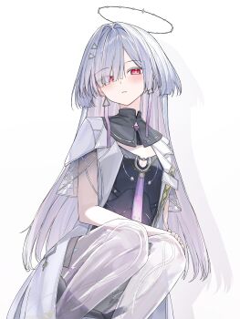 1girl absurdres blush breasts colored_eyelashes commentary dress earrings hair_ornament halo hashtag-only_commentary highres id_card jacket jewelry karyln looking_at_viewer mornye_(wuthering_waves) parted_lips purple_dress red_eyes see-through_body simple_background small_breasts solo squatting triangle_earrings white_background white_jacket wuthering_waves