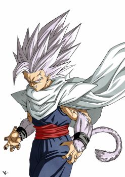 1boy body_fur cape commentary_request cowboy_shot dougi dragon_ball dragon_ball_super dragon_ball_super_super_hero gohan_beast highres kakeru_(dbskakeru) long_hair male_focus monkey_tail muscular muscular_male pants purple_pants purple_shirt red_eyes red_sash sash shirt simple_background smirk solo son_gohan spiked_hair tail white_background white_cape white_fur white_hair white_tail