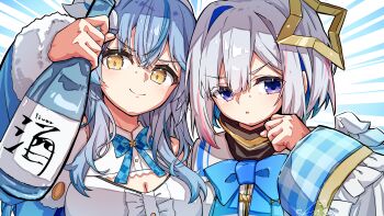 1girl 2girls absurdres amane_kanata amane_kanata_(1st_costume) angel angel_wings black_jacket blue_hair blue_streaks closed_mouth commentary_request flower fur-trimmed_jacket fur_trim grey_hair hair_flower hair_intakes hair_ornament halo highres hololive jacket long_hair looking_at_viewer medium_hair multicolored_hair multiple_girls open_mouth pink_streaks purple_eyes smile star_halo streaked_hair u_da_desu very_long_hair virtual_youtuber wings yellow_eyes yukihana_lamy yukihana_lamy_(1st_costume)