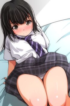 1girl absurdres arm_support bed black_hair black_necktie black_skirt blush brown_eyes clothes_lift commentary_request highres long_hair looking_at_viewer matsunaga_kouyou necktie on_bed original panties plaid_clothes plaid_skirt school_uniform shirt short_sleeves sitting skirt skirt_lift smile solo striped_clothes striped_necktie underwear white_panties white_shirt
