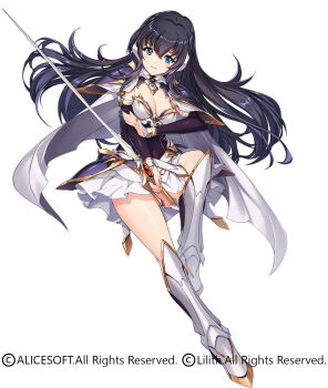1girl armor black_hair blue_eyes breasts cape cleavage commentary_request copyright_notice crossover detached_sleeves fighting_stance full_body highres hip_armor holding holding_sword holding_weapon leg_armor long_hair looking_at_viewer min-naraken mizuhara_hazuki official_art pauldrons second-party_source shoulder_armor skirt solo sword taimanin_(series) taimanin_rpgx toushin_toshi toushin_toshi_ii weapon white_background white_cape white_skirt