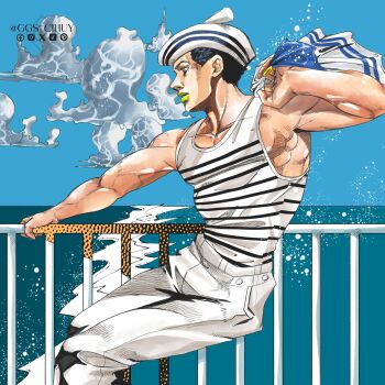 Rule 34 | 1boy, araki hirohiko (style), black hair, cloud, commentary, derivative work, dixie cup hat, english commentary, ggs cihuy, green lips, hat, higashikata josuke (jojolion), highres, instagram username, jojo no kimyou na bouken, jojolion, lipstick, makeup, male focus, military hat, ocean, official style, pants, railing, sailor, shirt, sky, solo, striped clothes, striped shirt, unworn shirt, water, white hat, white pants, white shirt