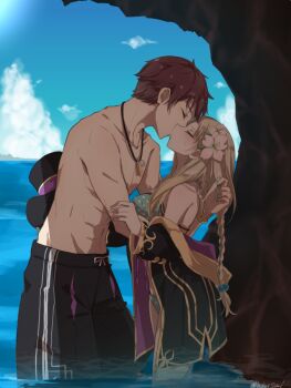 Rule 34 | 1boy, 1girl, atelier (series), atelier lulua, bikini, blonde hair, blue sky, borrowed clothes, brown hair, cliff, closed eyes, cloud, commentary request, day, ficus finis, ficus finis (coastal trickster), from side, hand on another's arm, hetero, jewelry, karasumi (aiseec), kiss, long hair, necklace, ocean, official alternate costume, outdoors, piana (atelier), piana (vivid two-color) (atelier), polka dot, polka dot bikini, profile, short hair, sky, standing, strap pull, swimsuit, topless male, wading, water