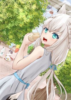 1girl absurdres ahoge animal_ear_fluff animal_ears blush braid commentary_request dress dutch_angle earrings food fox_ears fox_girl fox_tail green_eyes hair_between_eyes highres holding holding_food hololive jewelry long_hair looking_at_viewer looking_back miofa_(ookami_mio) open_mouth outdoors poyoyo_(nakiri_ayame) shirakami_fubuki sidelocks single_braid sleeveless sukonbu_(shirakami_fubuki) tail user_mfxx2383 virtual_youtuber white_dress white_hair