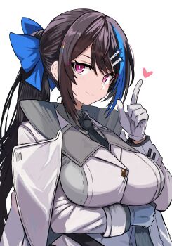 1girl black_hair black_necktie blue_bow blue_hair bow breasts closed_mouth coat commission girls'_frontline gloves hair_bow hair_ornament hairclip hand_up heart highres index_finger_raised jacket jericho_(girls'_frontline) large_breasts long_hair looking_at_viewer multicolored_hair necktie open_clothes open_jacket pink_eyes ponytail r_scrubed shirt skeb_commission smile solo streaked_hair upper_body white_coat white_gloves white_jacket