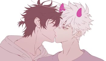 2boys angel black_hair cheng_xiaoshi cheng_xiaoshi_(angel) closed_eyes collarbone demon_boy demon_horns eyelashes from_side grey_eyes grey_shirt hair_between_eyes half-closed_eyes halo highres hood hood_down hoodie horns kiss looking_at_another lu_guang lu_guang_(devil) male_focus messy_hair mrsseven745 multiple_boys ponytail profile purple_horns shiguang_dailiren shirt short_hair short_ponytail simple_background spiked_hair upper_body white_background white_hair white_hoodie yaoi