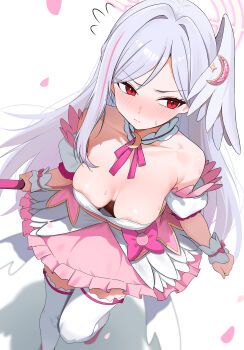 1girl absurdres areola_slip blue_archive blush breasts cleavage closed_mouth commentary_request dress dush_1154 head_wings highres holding holding_staff large_breasts long_hair magical_girl pink_dress red_eyes simple_background single_hair_intake single_head_wing single_wing solo staff suzumi_(blue_archive) suzumi_(magical)_(blue_archive) white_background white_hair wings